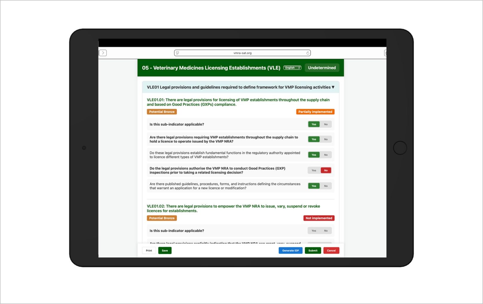 Tablet showing the Lite Web Version (WebApp) of VMRA-SAT