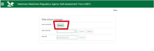 Data source manager with the Browse button for importing an external file highlighted.