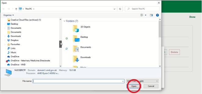 Windows file selection dialog with the Open button highlighted.