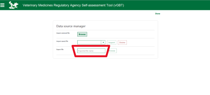 Data source manager with the export file-name field highlighted.