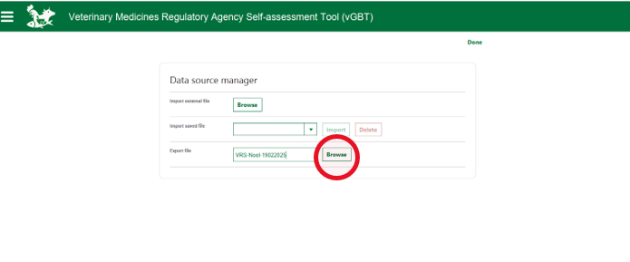 Data source manager with the export Browse button highlighted.